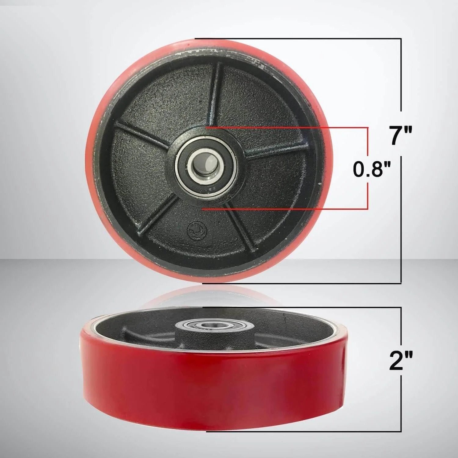 Pallet jack full wheel set assembled, includes 7 x 2 inch steer wheels, black polyurethane tread, 20mm ID bearings, side view