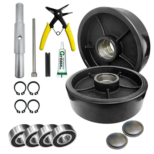 2 pcs pallet jack steer wheel set 7 x 2 inch with axle and protective caps, red polyurethane tread on steel, bearings, toolkit included