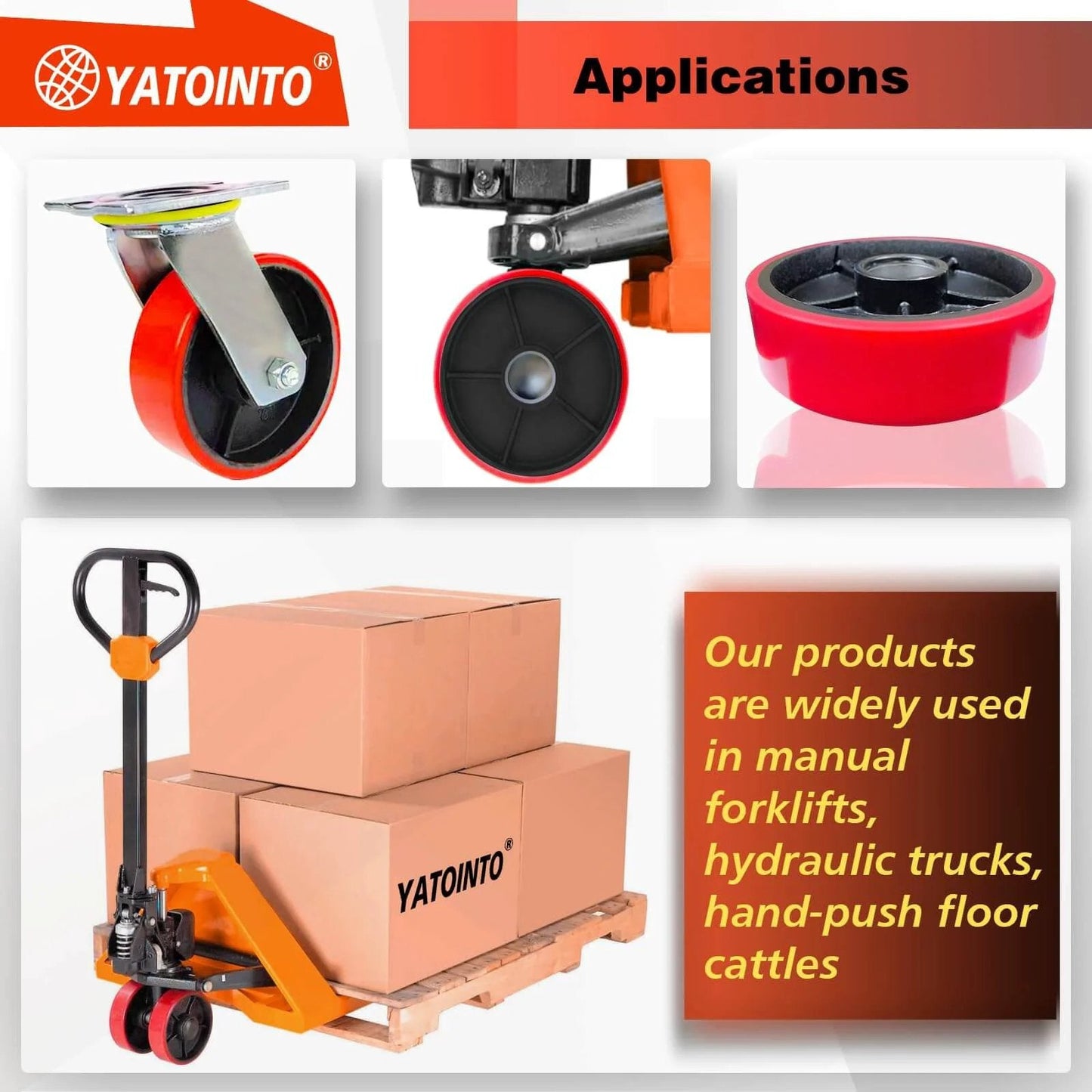 Applications of 2 pcs pallet jack steer wheel set 7 x 2 inch with axle and protective caps, red polyurethane tread on steel, 20mm ID bearings.