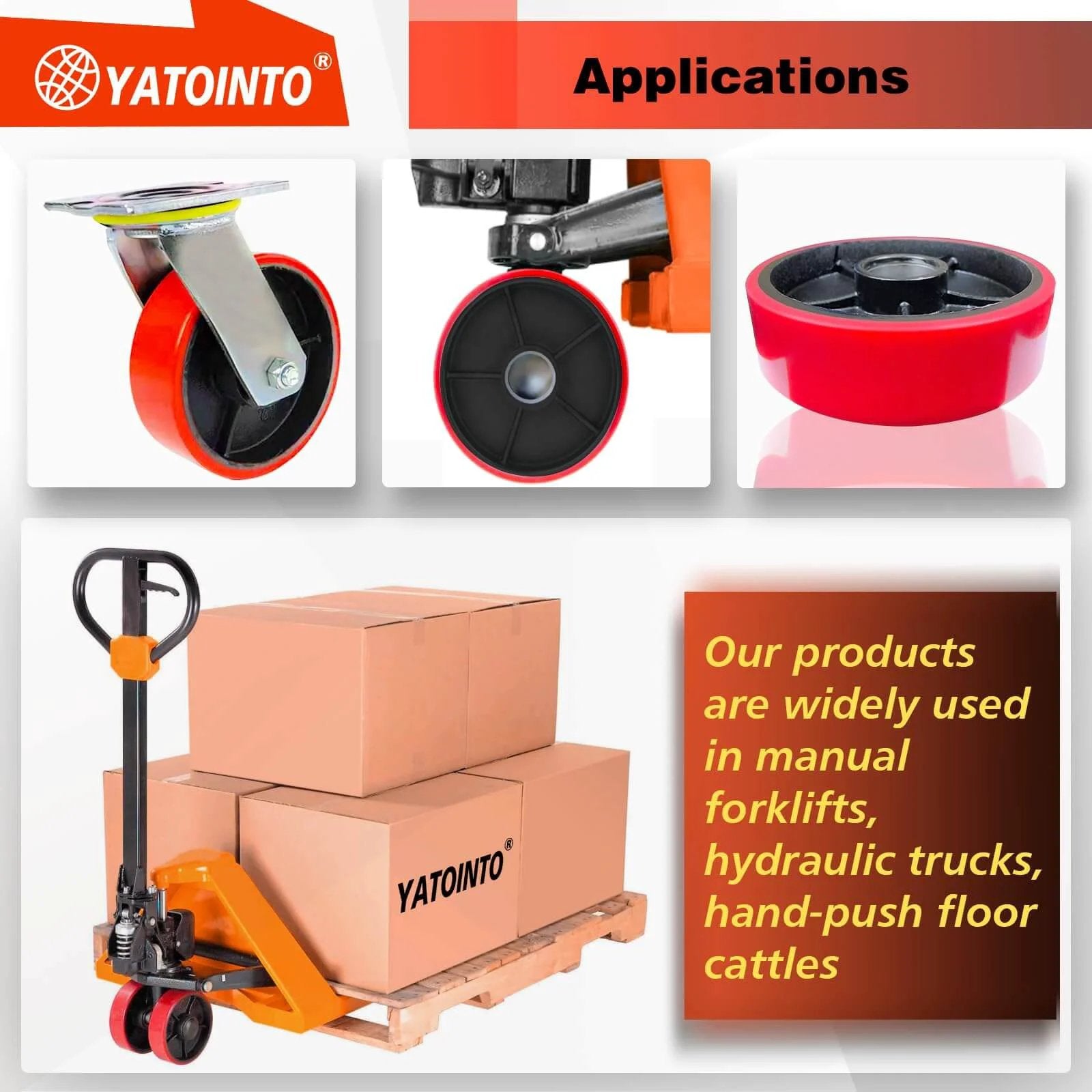 Applications of 2 pcs pallet jack steer wheel set 7 x 2 inch with axle and protective caps, red polyurethane tread on steel, 20mm ID bearings.