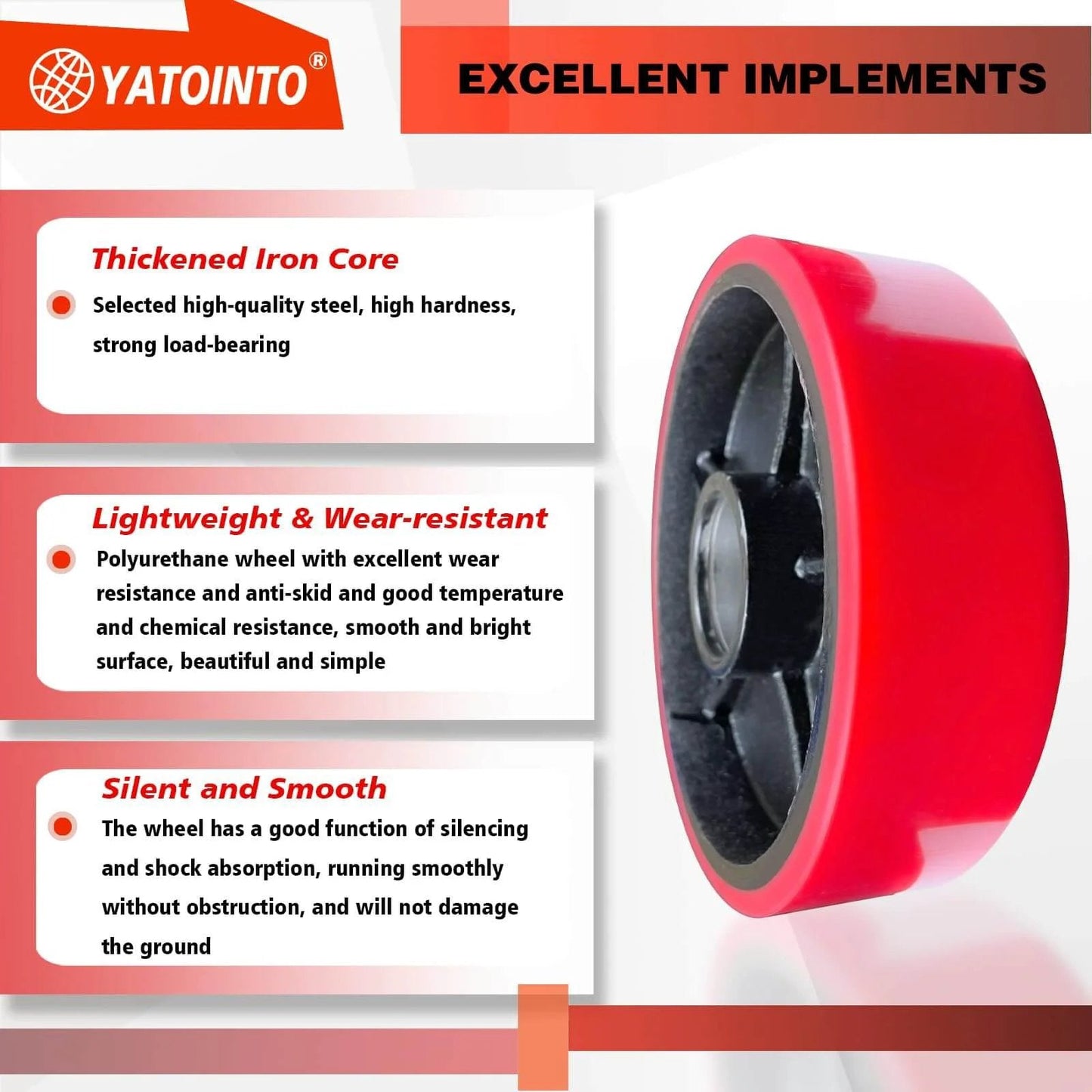 2 pcs pallet jack steer wheel set 7 x 2 inch with axle and protective caps, red polyurethane tread on steel, product features
