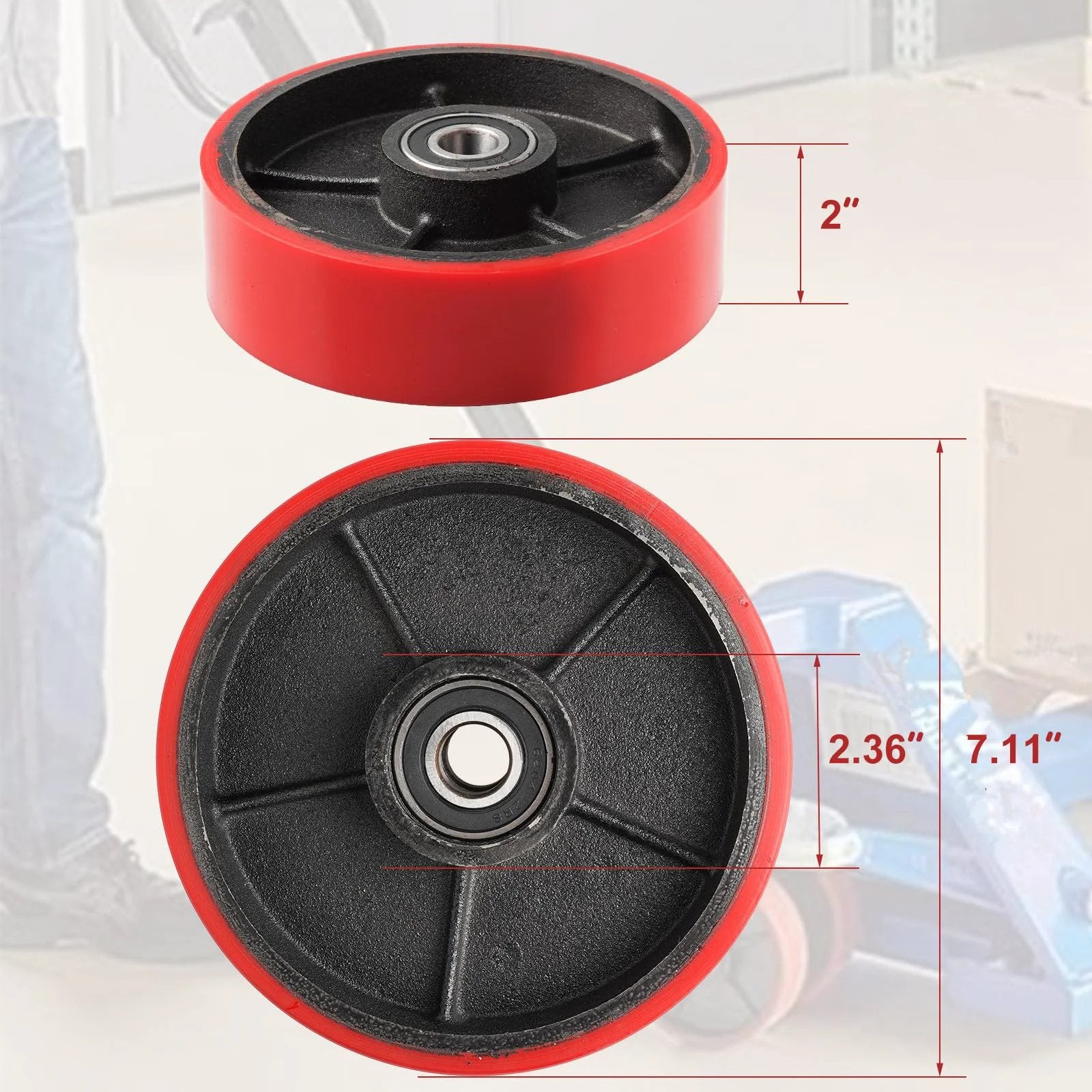 Pallet jack steering wheels 7 x 2 inch with 20mm ID bearings, forklift caster wheel replacement shown with dimensions