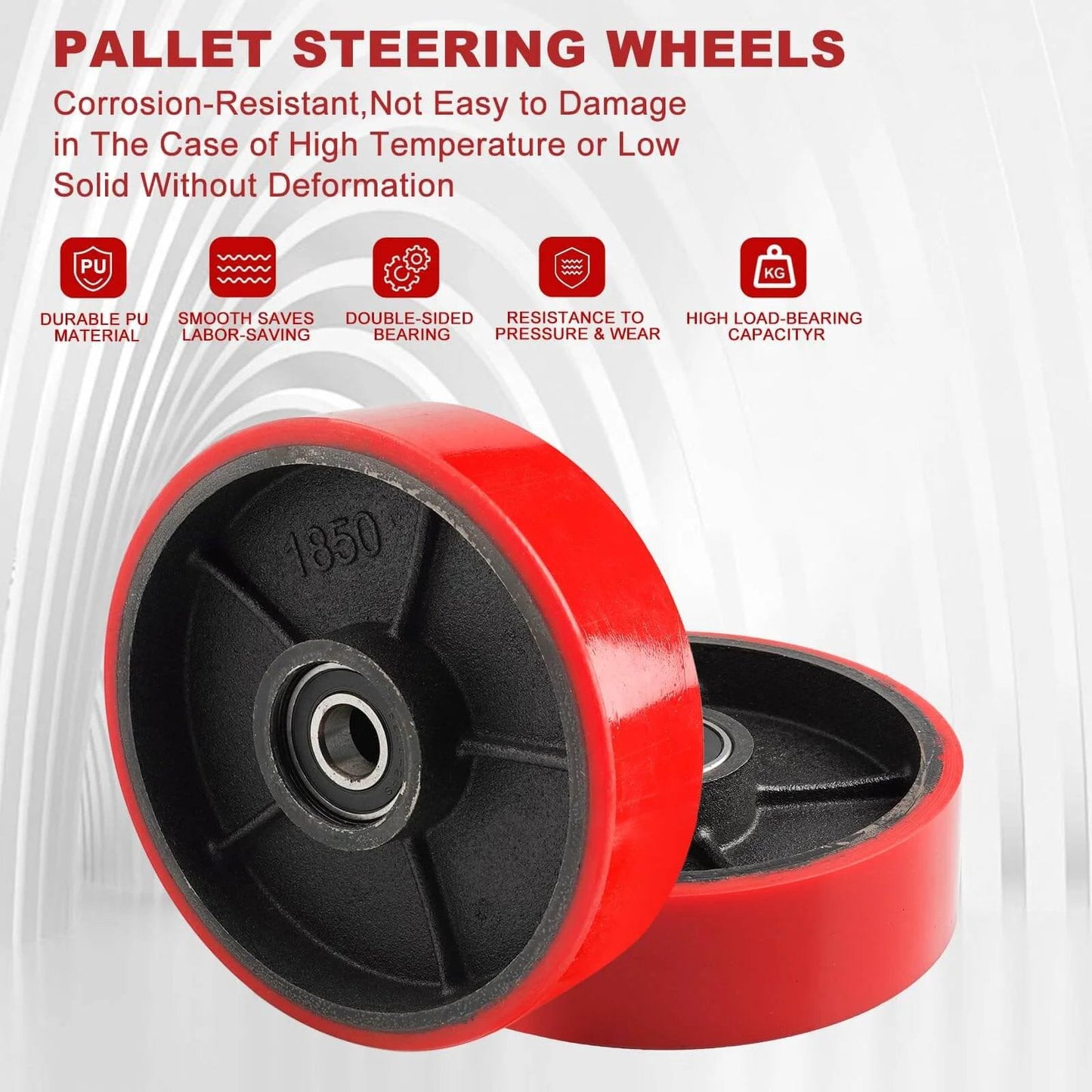 Pallet jack steering wheels pair 8 x 2 inch with 20mm ID bearings, polyurethane tread on reinforced steel core, product features.