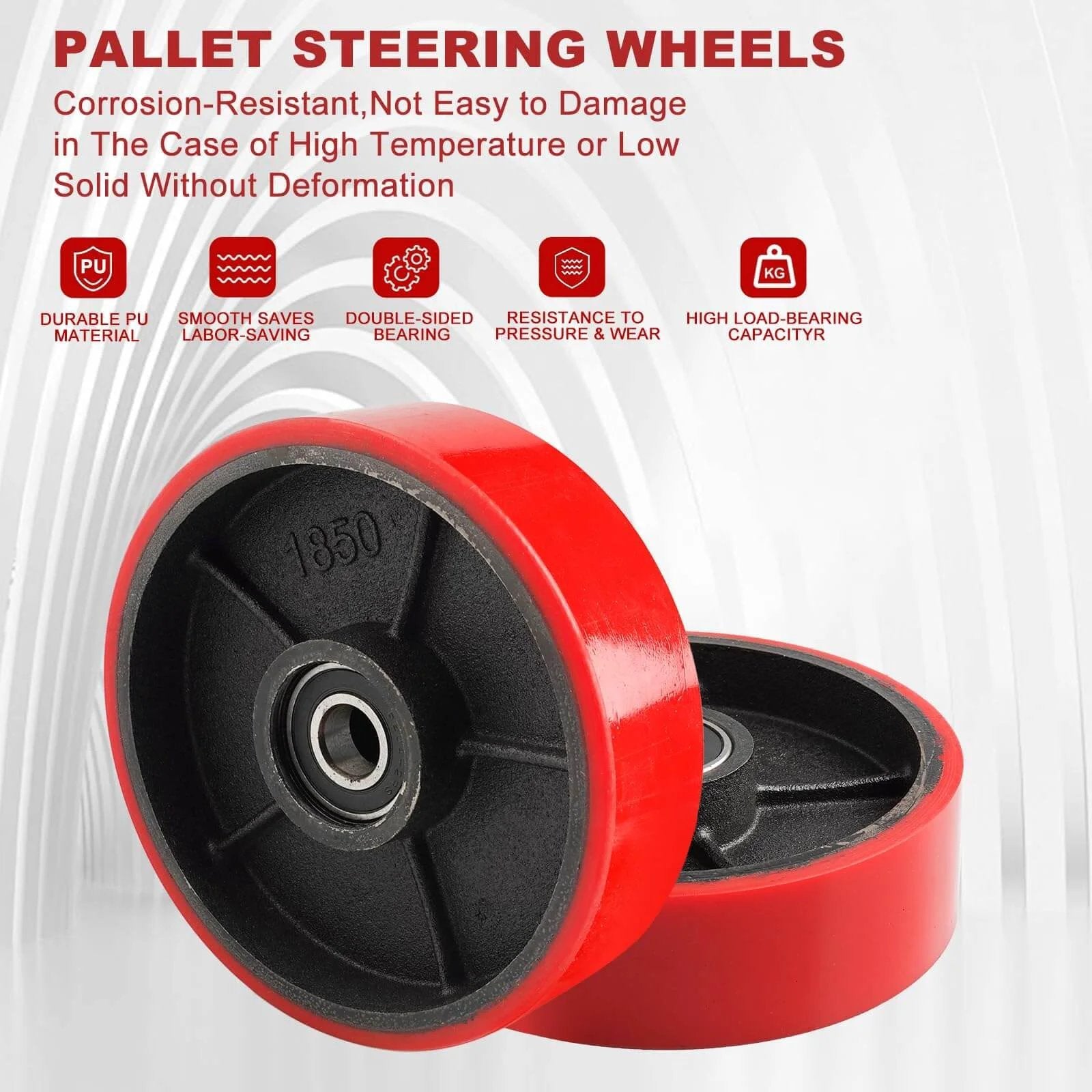 Pallet jack steering wheels pair 8 x 2 inch with 20mm ID bearings, polyurethane tread on reinforced steel core, product features.