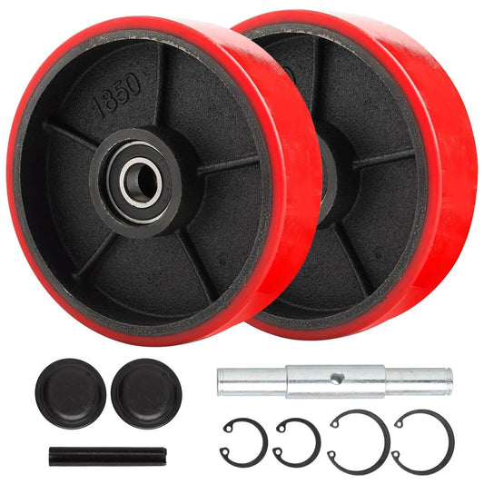 Pallet jack steering wheels pair 8 x 2 inch with 20mm ID bearings, polyurethane tread on steel core, includes axle, pin, covers and circlips