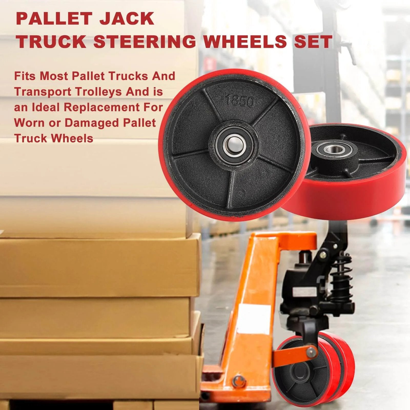 Pallet jack steering wheels pair 8 x 2 inch with 20mm ID bearings on display, mounted on orange pallet truck, warehouse setting