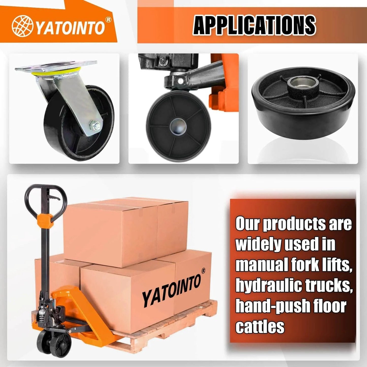 Applications of 2 pcs pallet jack steer wheel set 7 x 2 inch with axle and protective caps, suitable for forklifts and hydraulic trucks