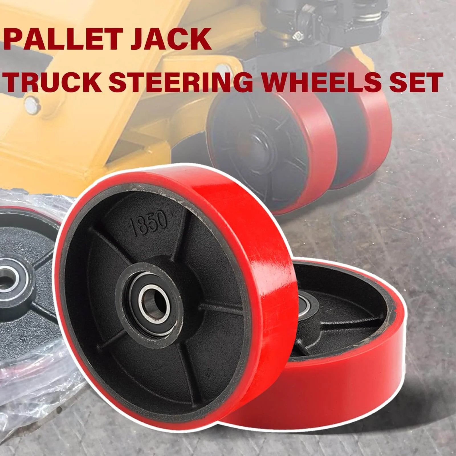 Pallet jack steering wheels pair 8 x 2 inch with 20mm ID bearings, polyurethane tread on reinforced steel core, includes axle