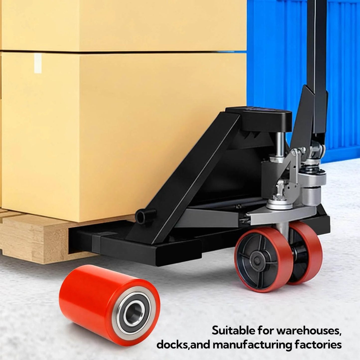 Pallet Jack Steering Wheels Set with axle and front load rollers on hand pallet jack moving boxes, includes 3 x 3.75 inch load wheel pair with bearings