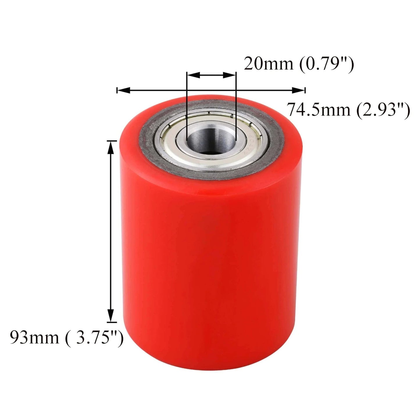 Pallet jack front load wheels pair 3 x 3.75 inch with PU tread, pre installed 20mm ID bearings, red polyurethane wheel close-up