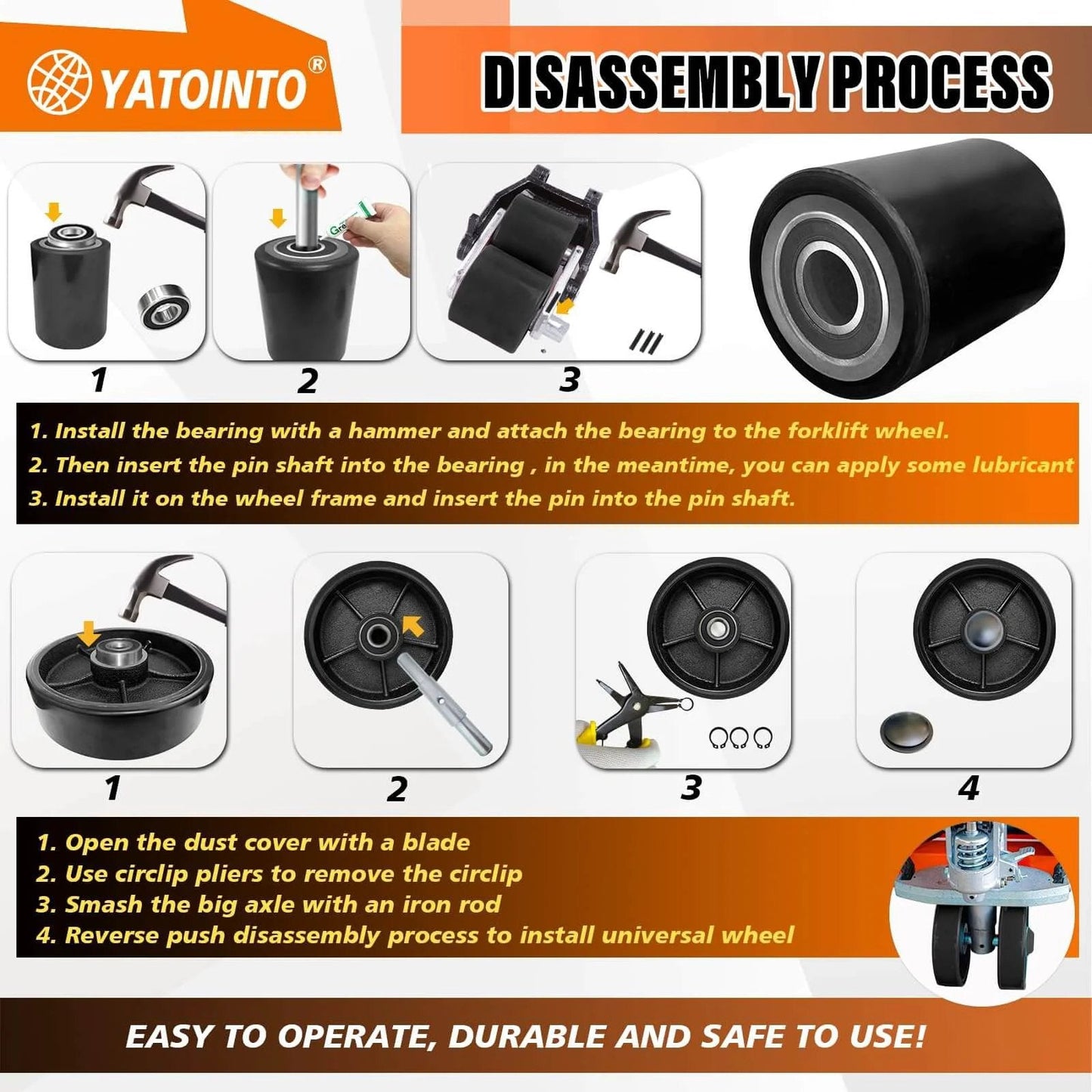 Pallet jack full wheel set with axles disassembly guide and components, black polyurethane tread, steel, bearings, pallet truck use.