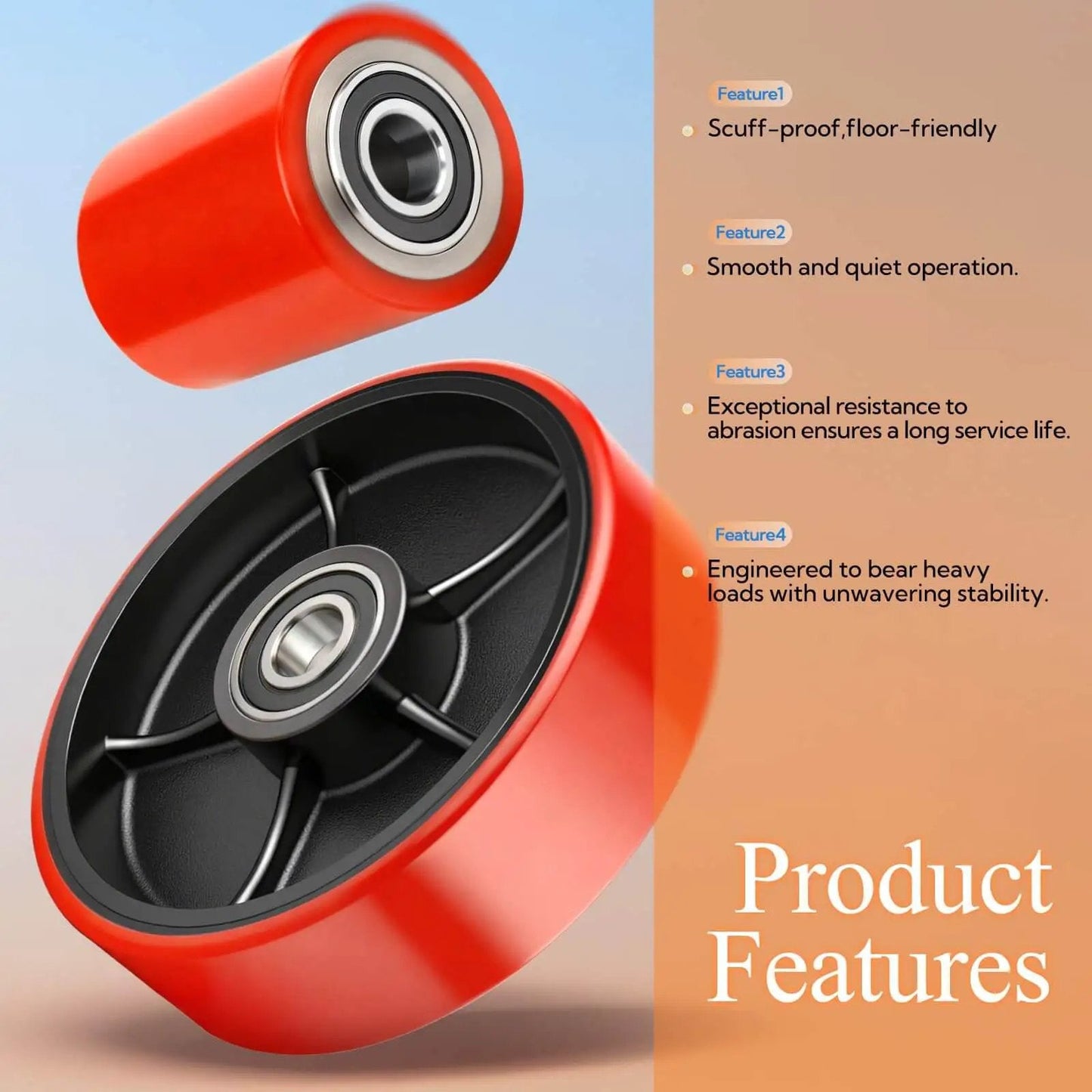 Pallet Jack Steering Wheels Set With Axle And Front Load Rollers For Most Hand Pallet Jacks Seven By Two Inch Pair And Three By Three Point Seven Five Inch Pair With Bearings Gasher Upgrade For Quiet Smooth Gliding And Lower Operator Fatigue, red polyurethane wheels with bearings and features list.