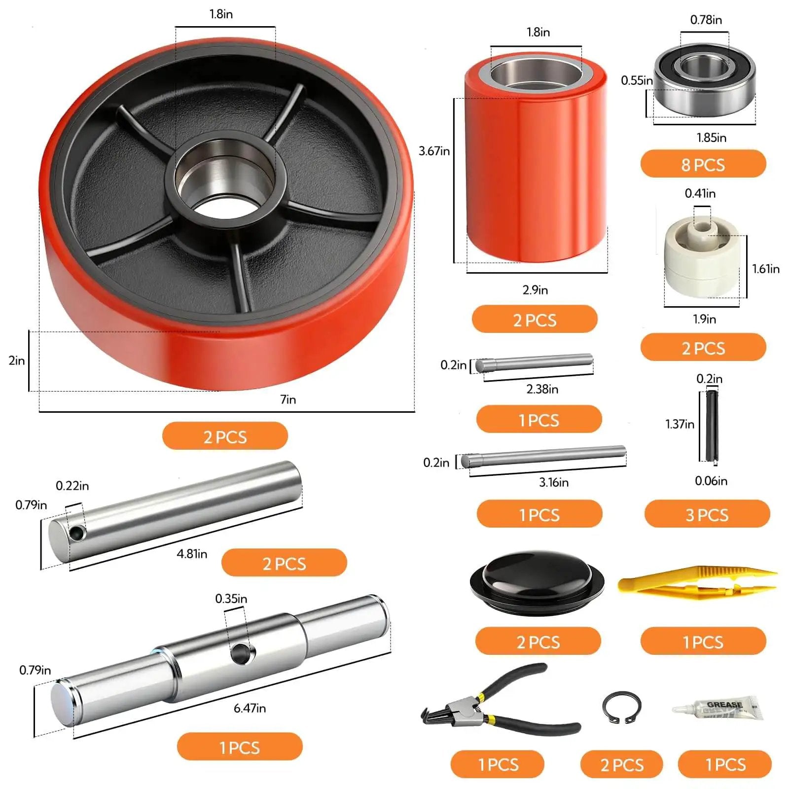Pallet Jack Steering Wheels Set With Axle And Front Load Rollers For Most Hand Pallet Jacks Seven By Two Inch Pair And Three By Three Point Seven Five Inch Pair With Bearings Gasher Upgrade For Quiet Smooth Gliding And Lower Operator Fatigue.