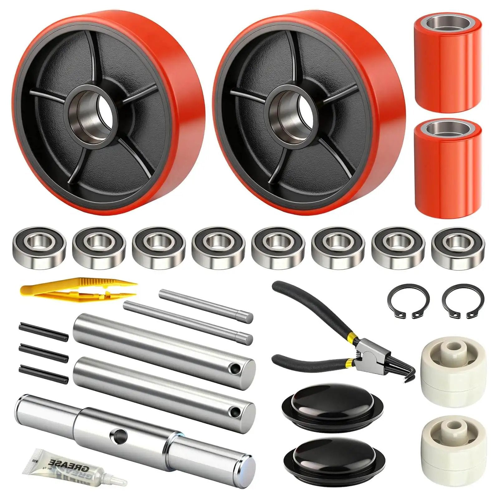 Pallet Jack Steering Wheels Set With Axle And Front Load Rollers For Most Hand Pallet Jacks Seven By Two Inch Pair And Three By Three Point Seven Five Inch Pair With Bearings Gasher Upgrade For Quiet Smooth Gliding And Lower Operator Fatigue visible in image.