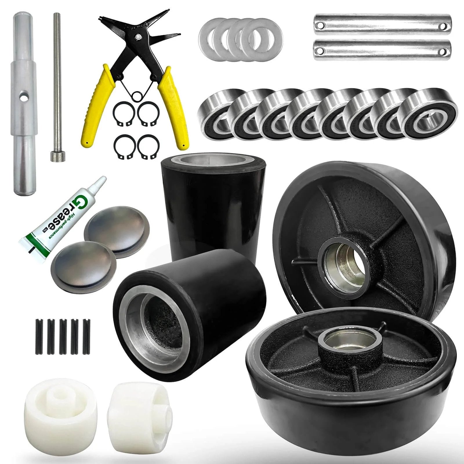 Pallet jack full wheel set with axles, 7 x 2 inch steer wheels and 3 x 3.75 inch load wheels, black polyurethane, tool kit included