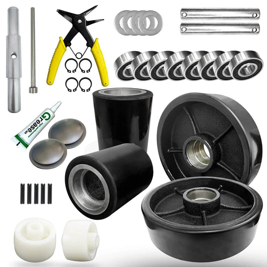 Pallet jack full wheel set with axles, 7 x 2 inch steer wheels and 3 x 3.75 inch load wheels, black polyurethane, tool kit included