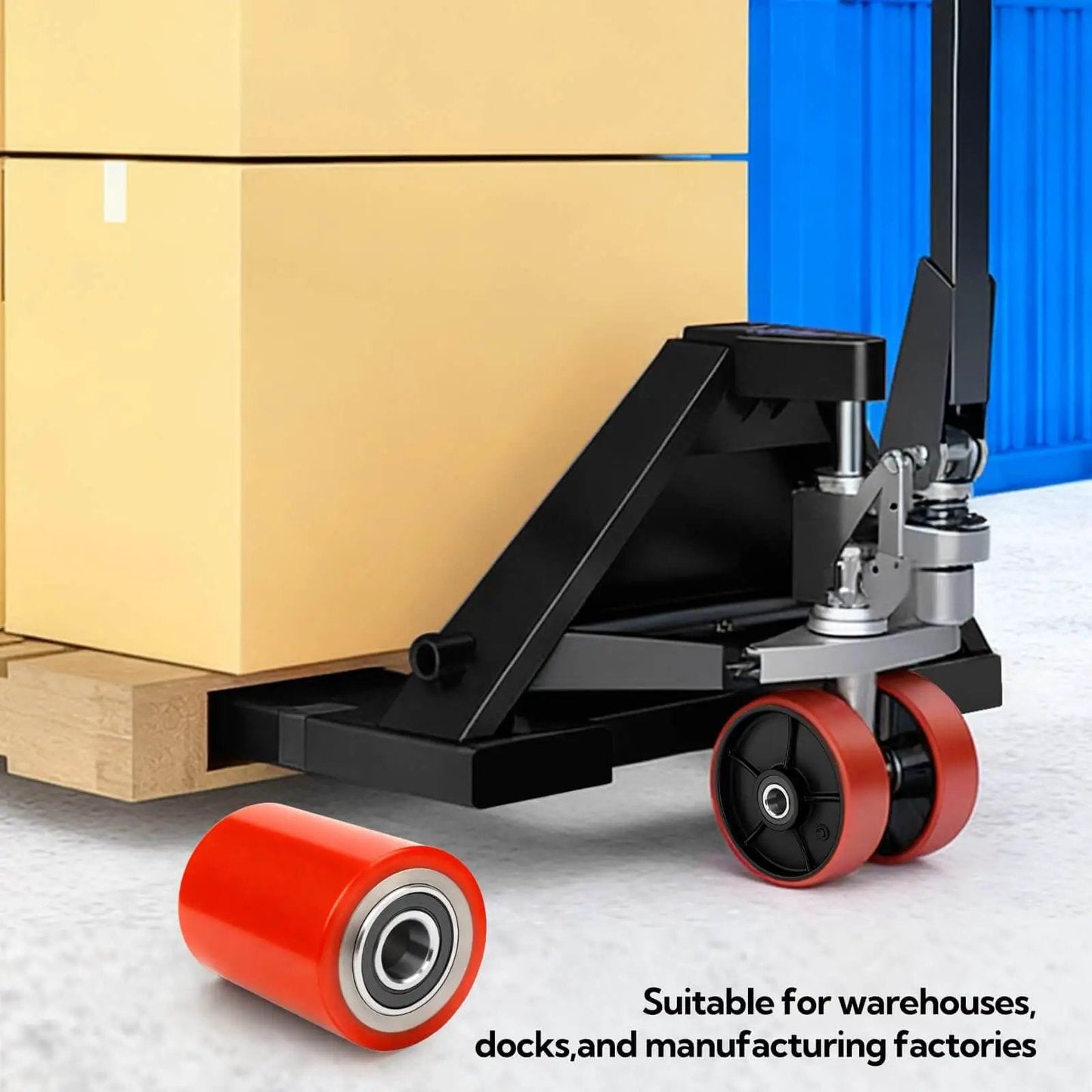 Pallet Jack Steering Wheels Set With Axle And Front Load Rollers For Most Hand Pallet Jacks Seven By Two Inch Pair And Three By Three Point Seven Five Inch Pair With Bearings Gasher Upgrade For Quiet Smooth Gliding And Lower Operator Fatigue installed on a pallet jack