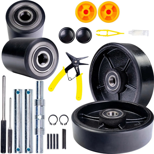 Premium Crown PTH50 Pallet Jack Wheel Replacement Kit Set For Manual Pallet Jack Includes Heavy Duty Poly Tread Steer Wheels