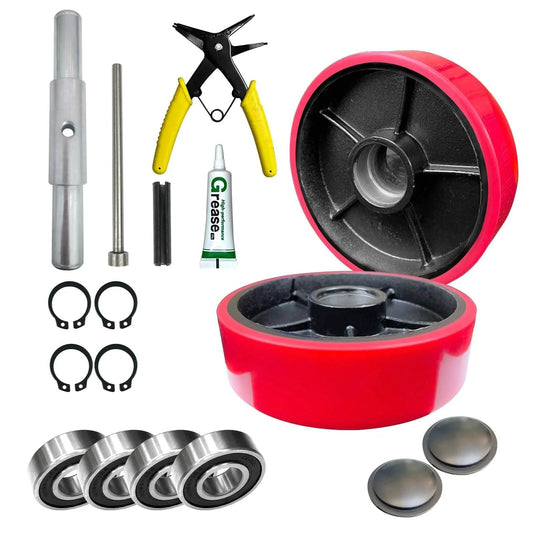 2 pcs pallet jack steer wheel set 7 x 2 inch with axle and protective caps, includes bearings, tool kit for replacement