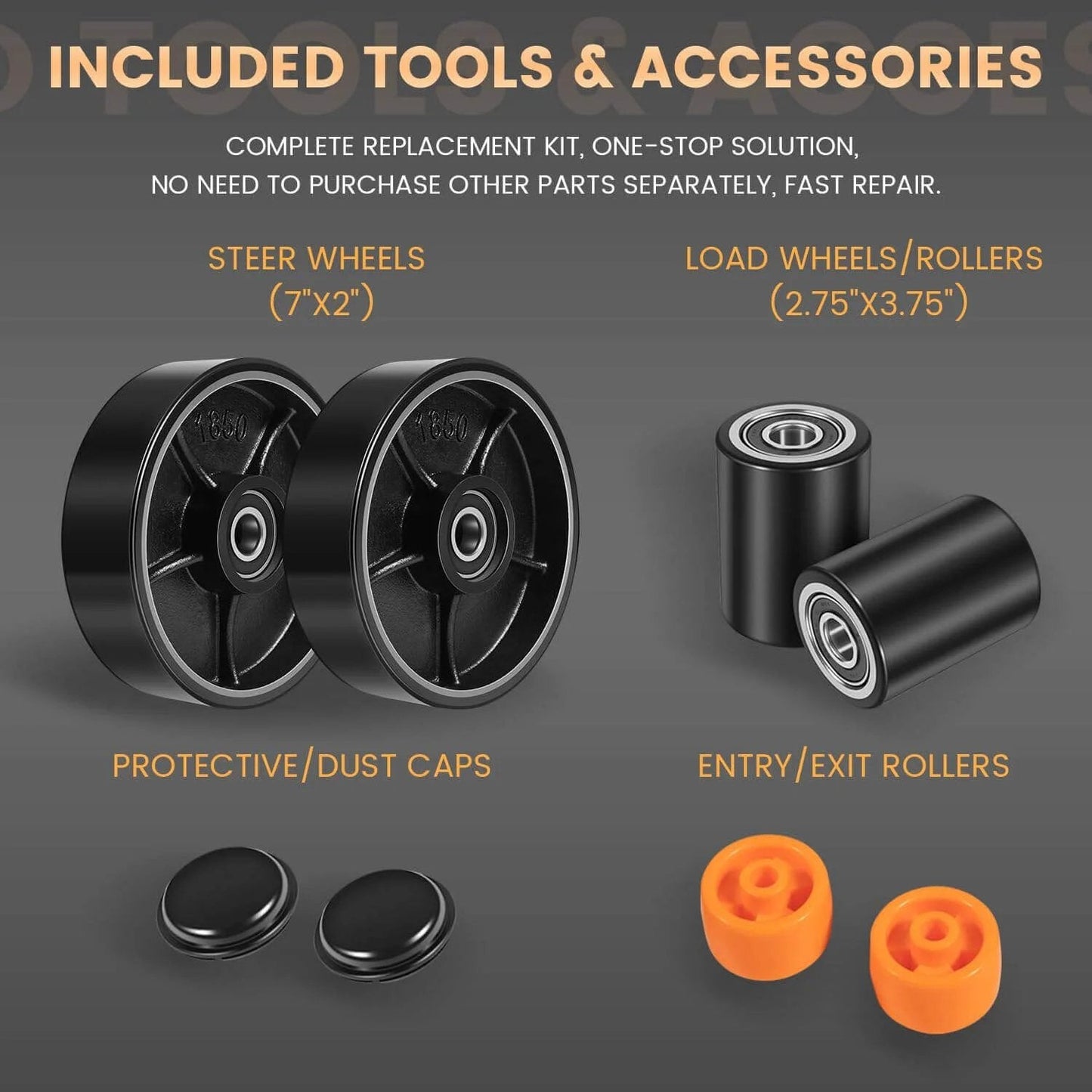 PTH50 Pallet Jack Wheel Replacement Kit Set complete for Crown PTH50 & standard jacks; steer wheels, load wheels, accessories shown