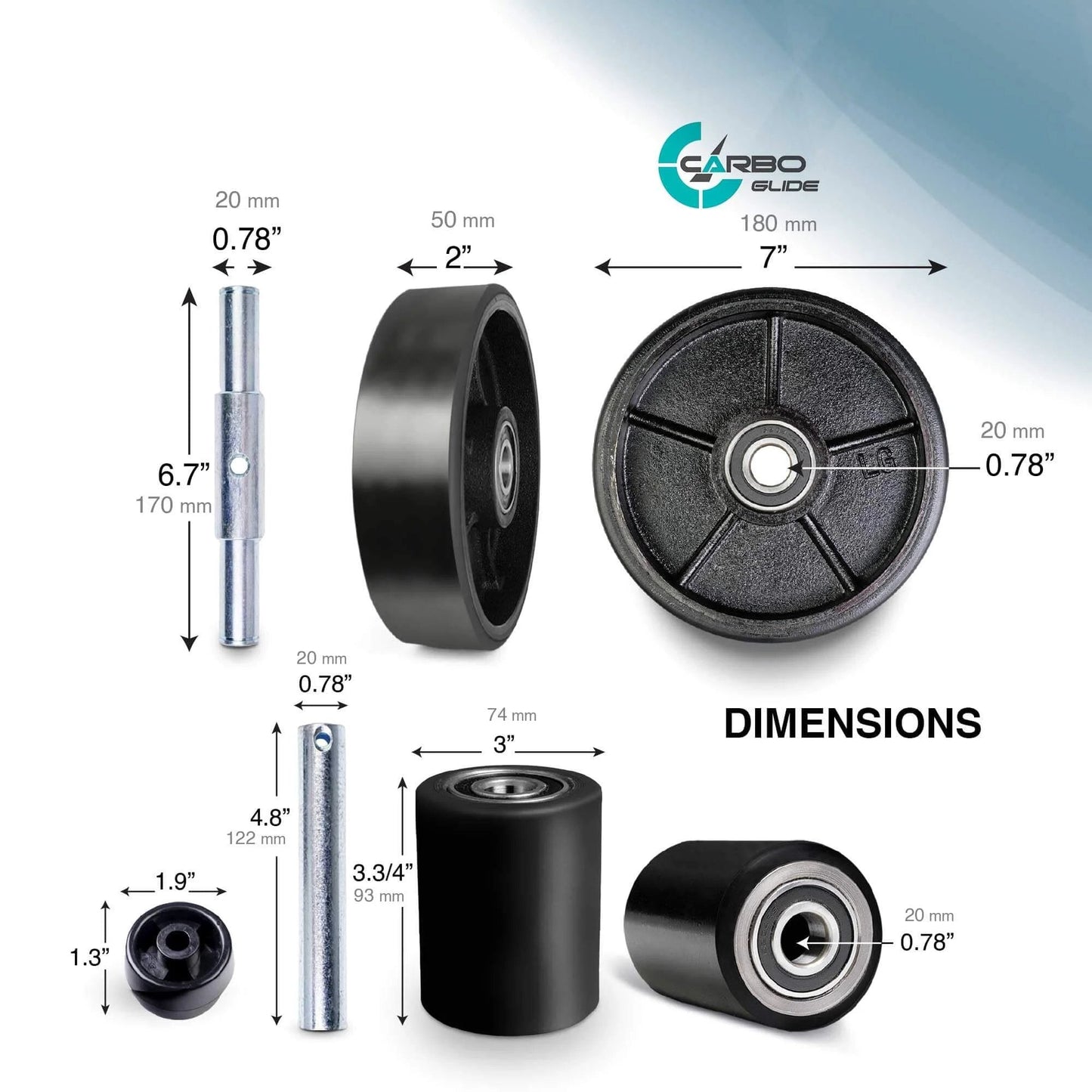 Pallet jack full wheel replacement set black, includes 7 x 2 inch steering wheels pair with back axle, 3 x 3.75 inch load wheels pair