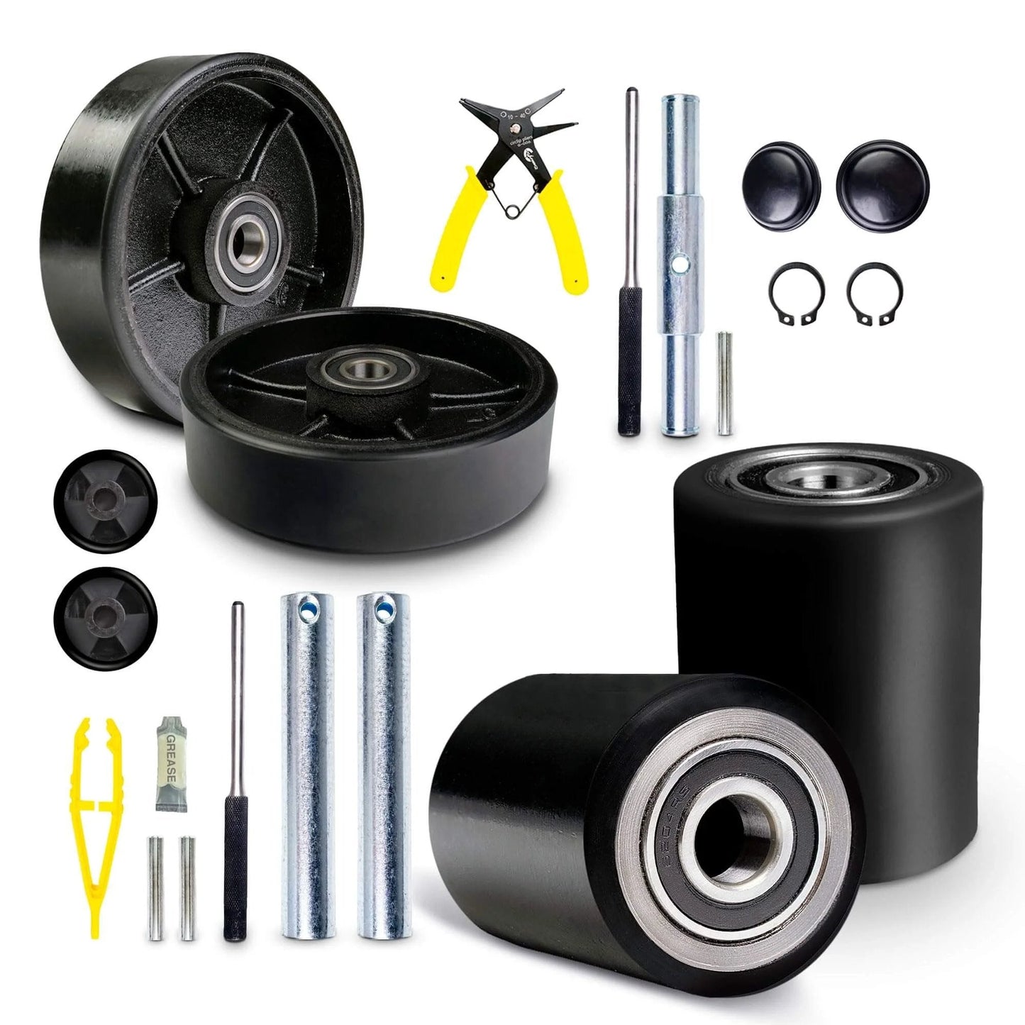 Pallet jack full wheel replacement set black, includes 7 x 2 inch steering wheels pair with back axle, 3 x 3.75 inch load wheels pair.