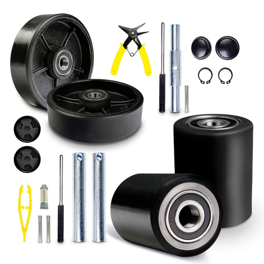 Pallet jack full wheel replacement set black, includes 7 x 2 inch steering wheels pair with back axle, 3 x 3.75 inch load wheels pair.