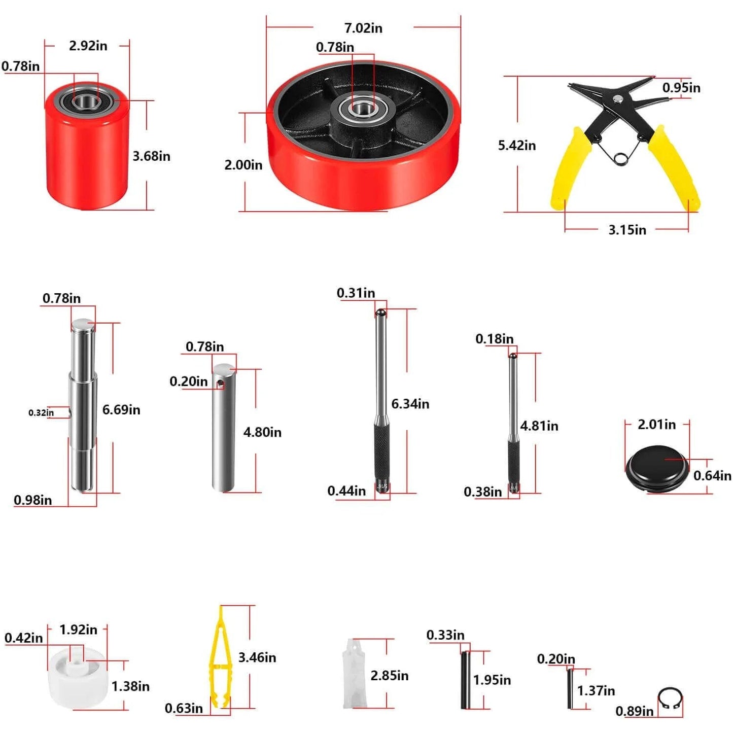 Pallet Jack Wheels Set for most manual pallet jacks, complete replacement kit parts and dimensions, red wheels, axles, bearings shown.