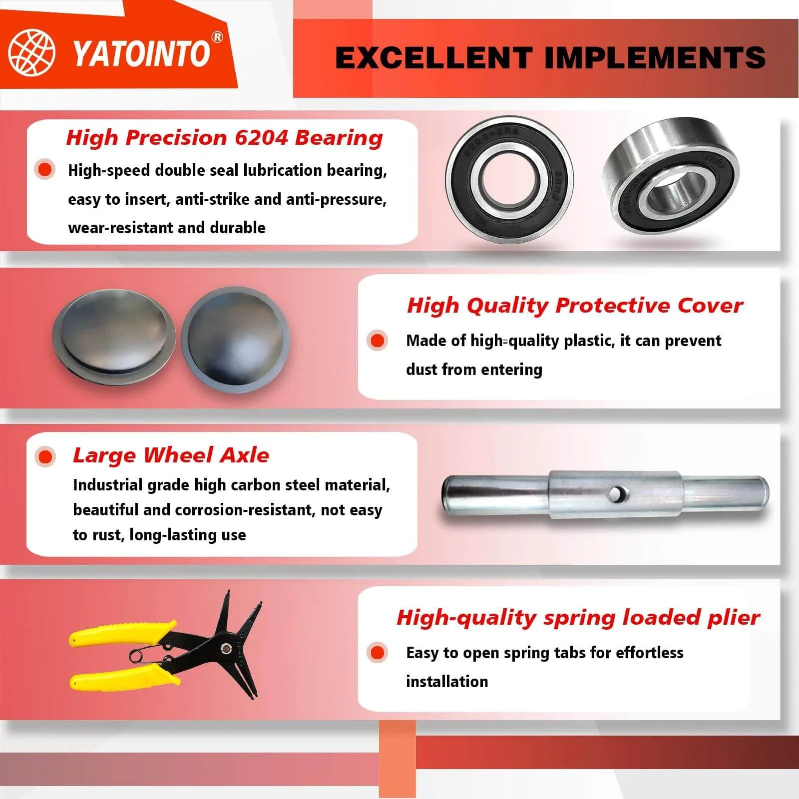 High precision 6204 bearings, protective covers, large wheel axle, and spring-loaded plier included in 2 pcs pallet jack steer wheel set.