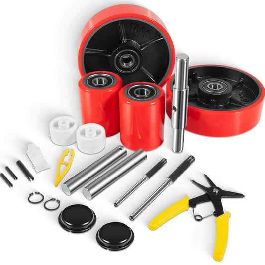 Pallet Jack Wheels Set for most manual pallet jacks, complete replacement kit with axles, red polyurethane wheels, bearings, tools