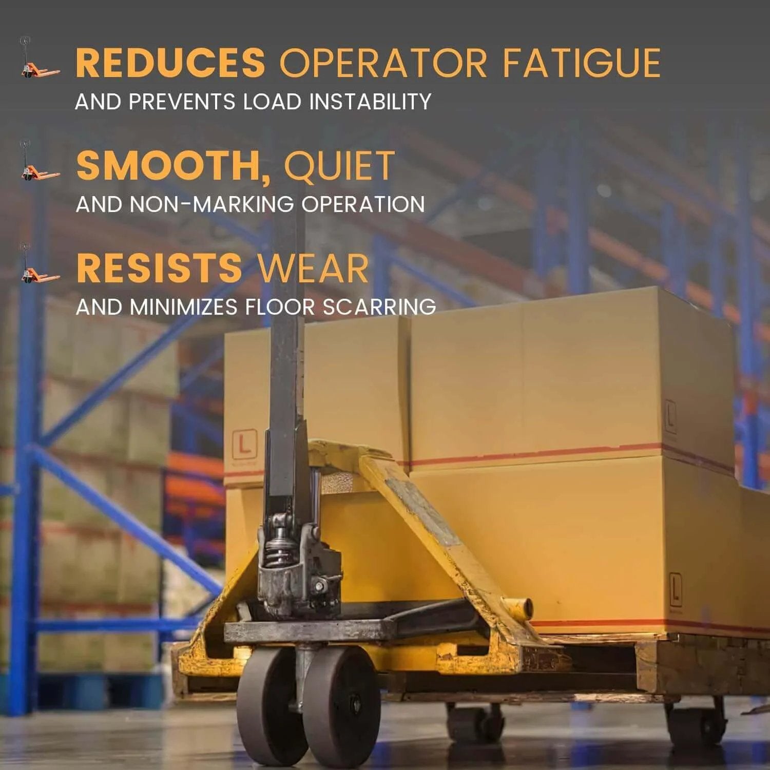 PTH50 Pallet Jack Wheel Replacement Kit Set used on pallet jack in warehouse, showcasing smooth non-marking operation, polyurethane wheels