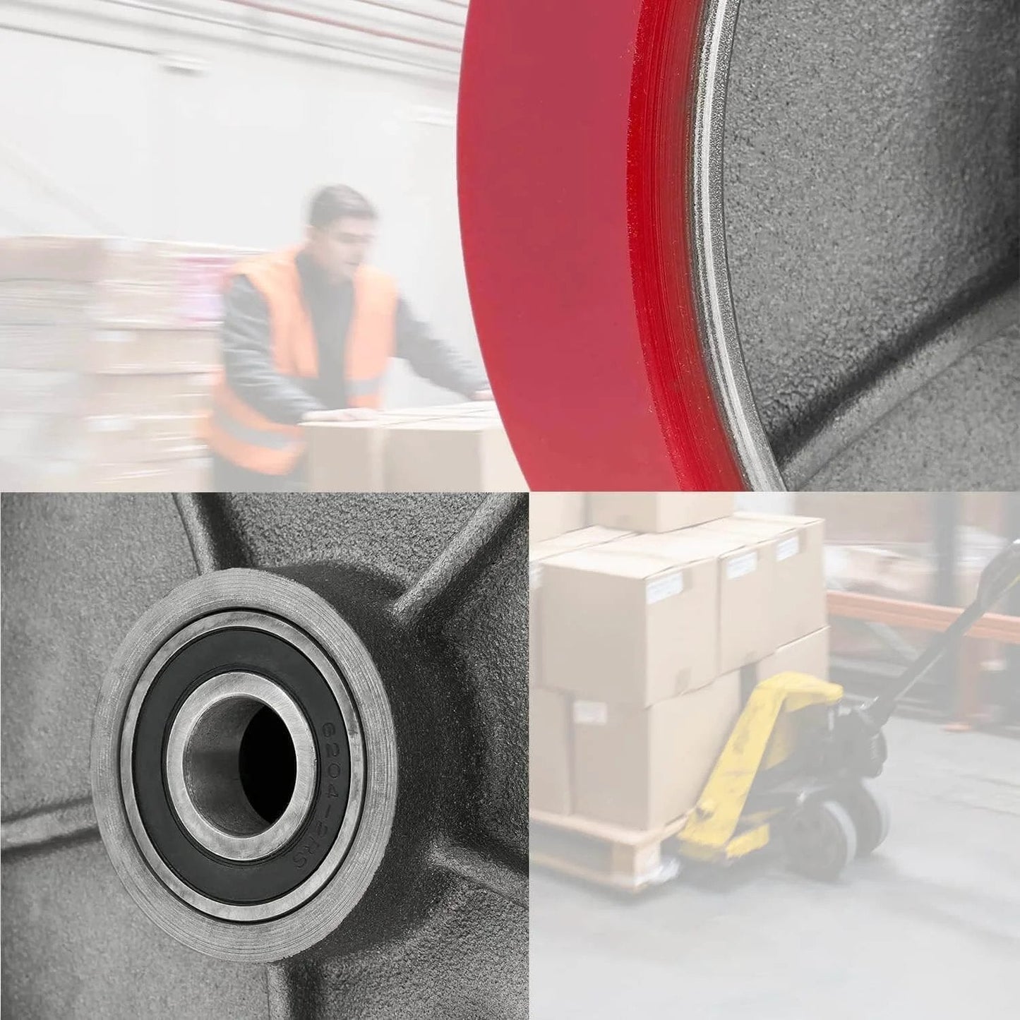Pallet jack full wheel set assembled with steer and load wheels, black polyurethane tread on steel, 20mm ID bearings, displayed in warehouse.