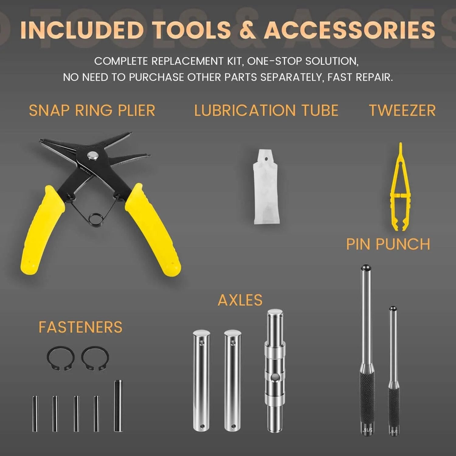 Tools and accessories for PTH50 Pallet Jack Wheel Replacement Kit Set, featuring snap ring plier, lubrication tube, axles, fasteners.