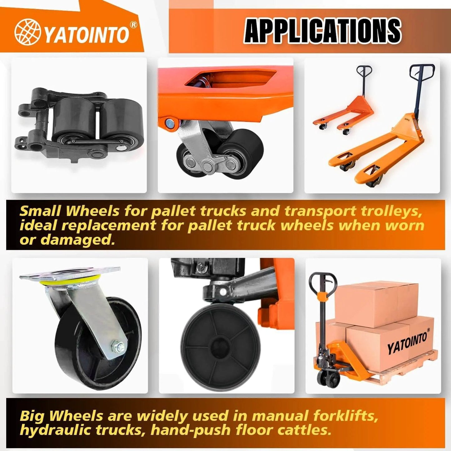 Applications of pallet jack full wheel set with axles, 7 x 2 inch steer wheels, 3 x 3.75 inch load wheels, pictured on forklifts and carts