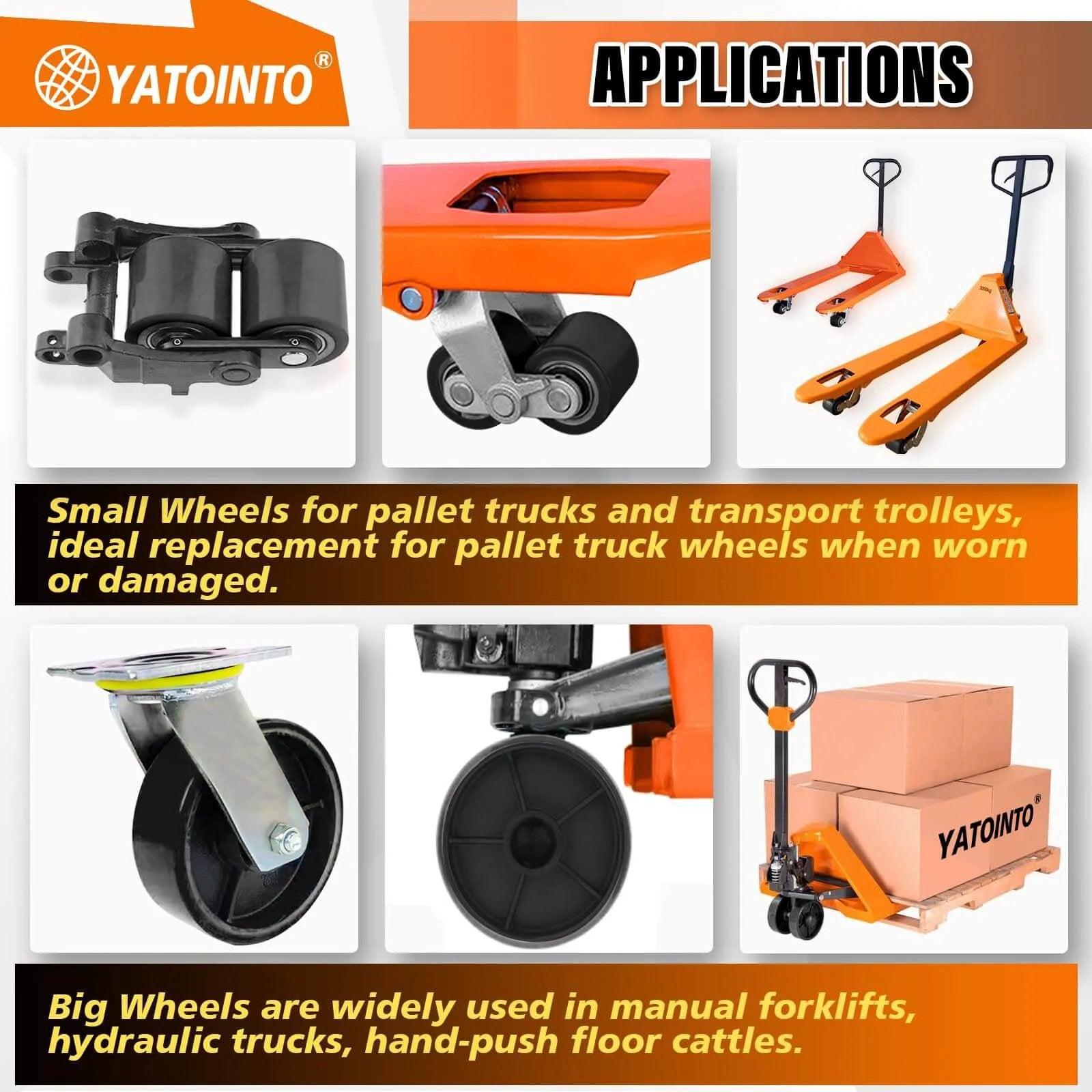 Applications of pallet jack full wheel set with axles, 7 x 2 inch steer wheels, 3 x 3.75 inch load wheels, pictured on forklifts and carts