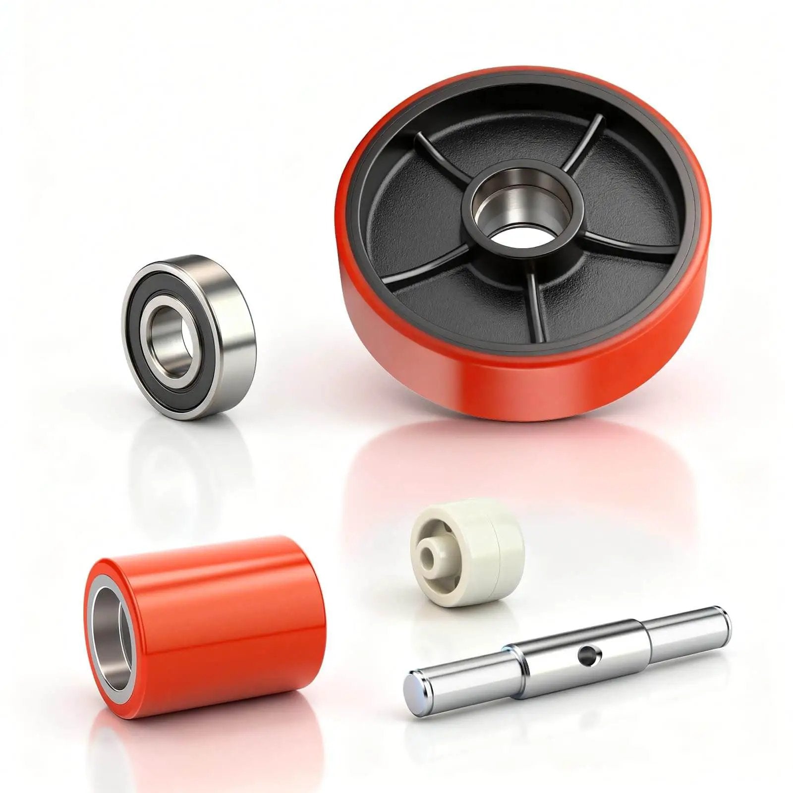 Pallet Jack Steering Wheels Set With Axle And Front Load Rollers For Most Hand Pallet Jacks Seven By Two Inch Pair And Three By Three Point Seven Five Inch Pair With Bearings Gasher Upgrade For Quiet Smooth Gliding And Lower Operator Fatigue. Includes bearings, axle, load rollers.