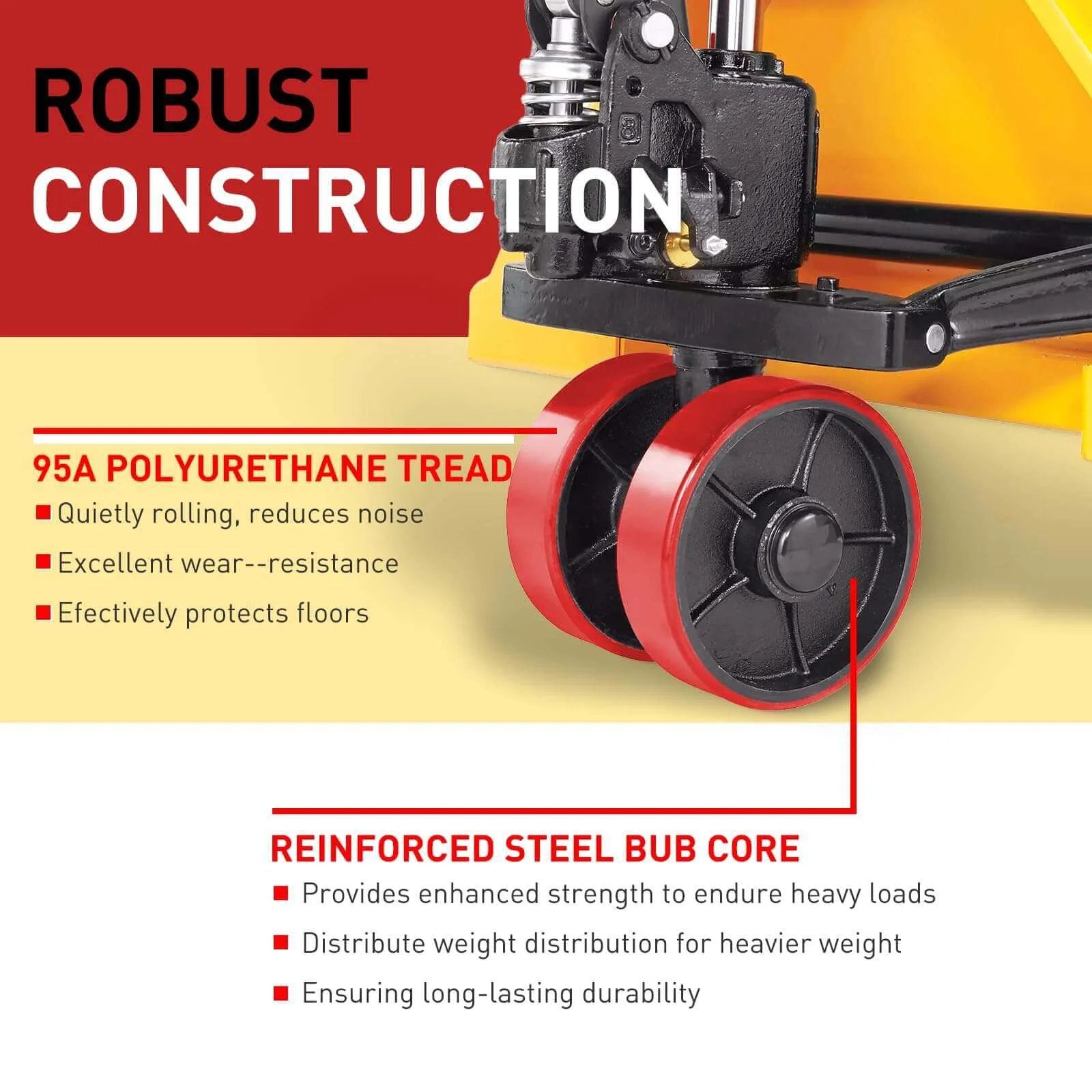 Pallet Jack Wheels Set for most manual pallet jacks, complete replacement kit shown with red polyurethane tread on 7x2 inch steer wheels, emphasizing robust construction and steel core.
