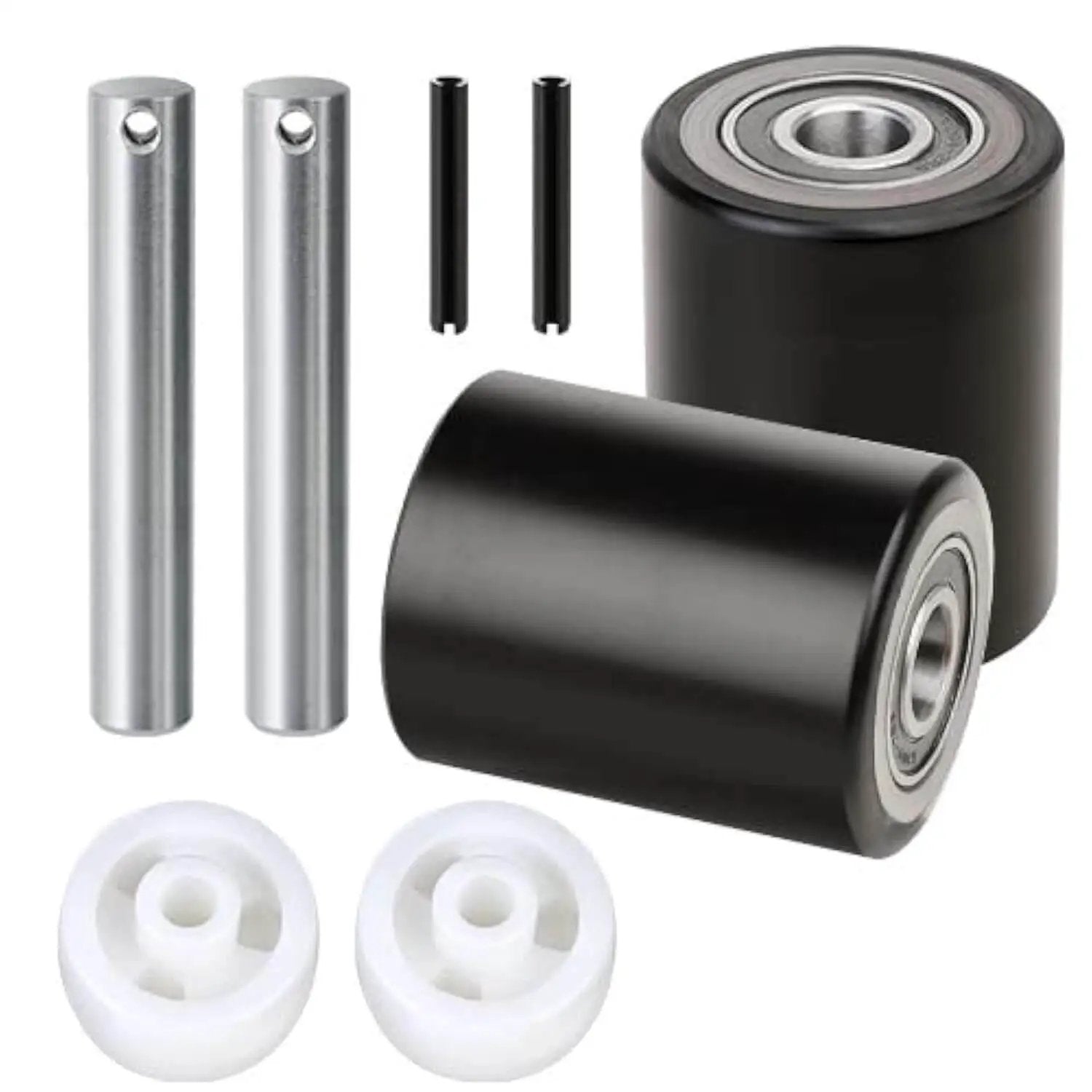 Heavy Duty Pallet Jack Wheel Replacement Set With Axles And Entry Exit Roller For Front Fork Wheels Fits Most Standard Pallet Jacks, Diameter 2.875 Inches, Width 3.75 Inches, 20mm ID Bearings, Easy Install