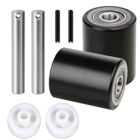 Heavy Duty Pallet Jack Wheel Replacement Set With Axles And Entry Exit Roller For Front Fork Wheels Fits Most Standard Pallet Jacks, Diameter 2.875 Inches, Width 3.75 Inches, 20mm ID Bearings, Easy Install