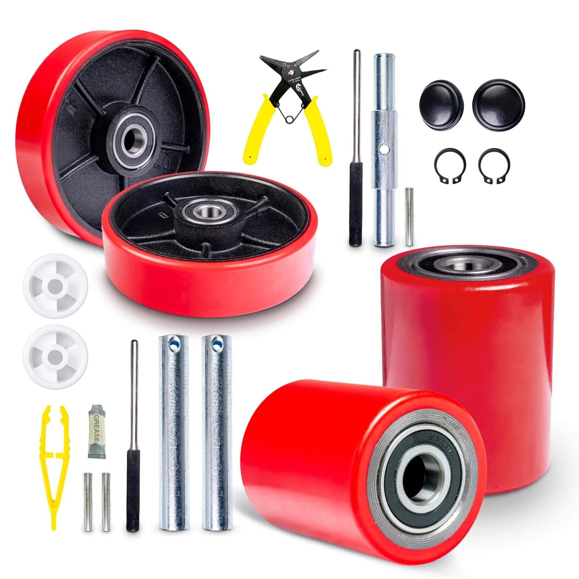Pallet jack truck full wheel set red with axles, steering wheels 7 x 2 inch pair, front load rollers 3 x 3.75 inch pair, tools included