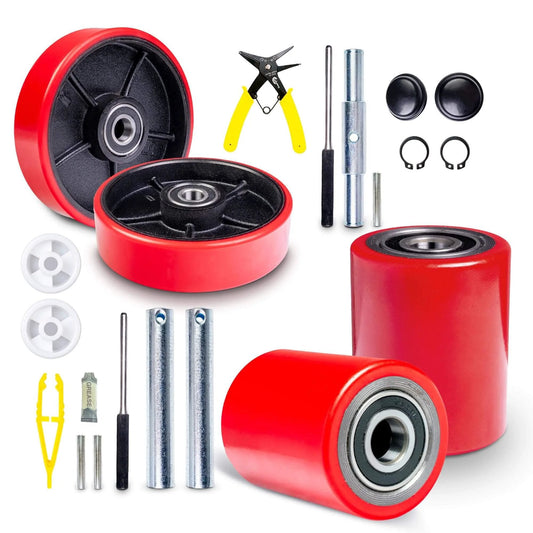 Pallet jack truck full wheel set red with axles, steering wheels 7 x 2 inch pair, front load rollers 3 x 3.75 inch pair, tools included