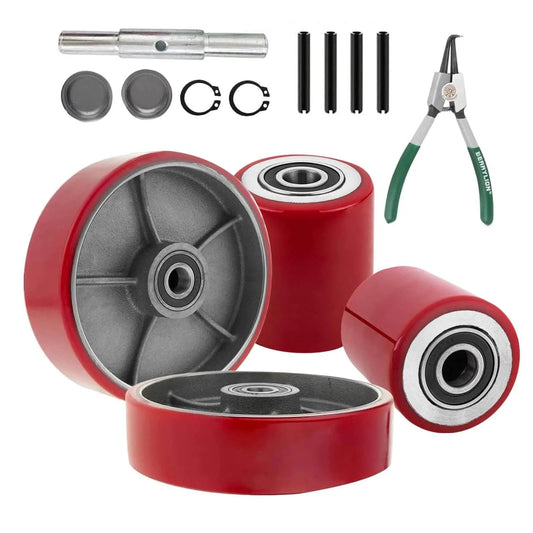 Pallet jack full wheel set assembled with red polyurethane tread on steel wheels, hardware and tool kit for pallet truck replacement.