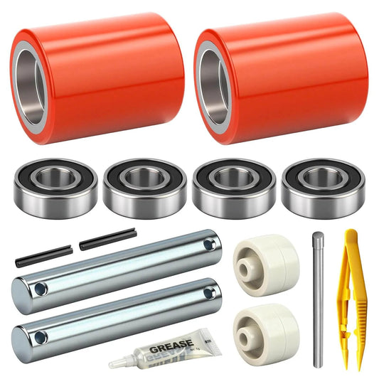 Pallet Jack Steering Wheels Set with axle and front load rollers, includes 3 x 3.75 inch load wheel pair with bearings, polyurethane wheels