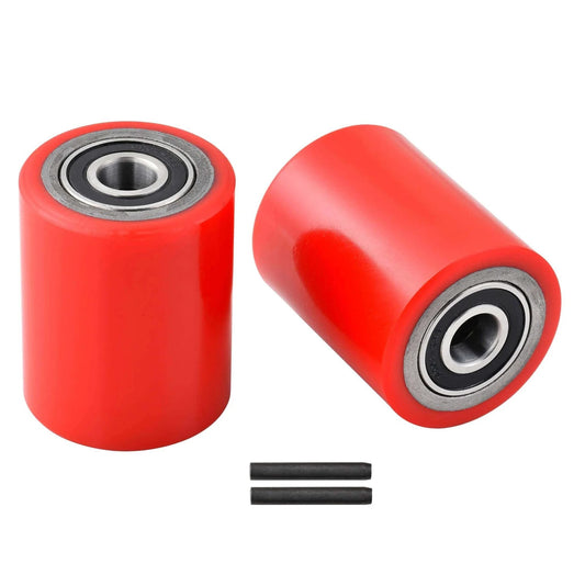 Pallet jack front load wheels pair 3 x 3.75 inch with PU tread, pre installed 20mm ID bearings and pins, polyurethane design