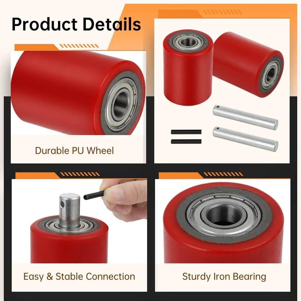 Detailed view of 1 Pair Pallet Jack Load Wheels 3 x 3.75 inch with 20mm bearings, showing polyurethane surfaces and iron bearings.
