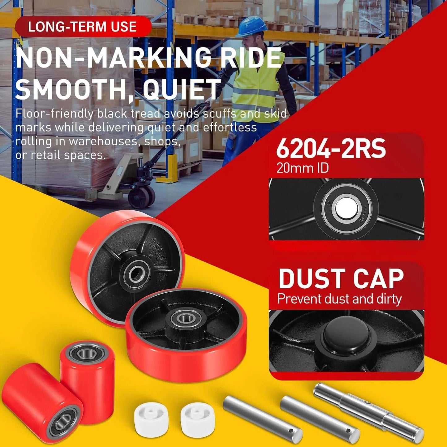 Pallet Jack Wheels Set for most manual pallet jacks, complete replacement kit with red polyurethane tread, axles, and bearings.