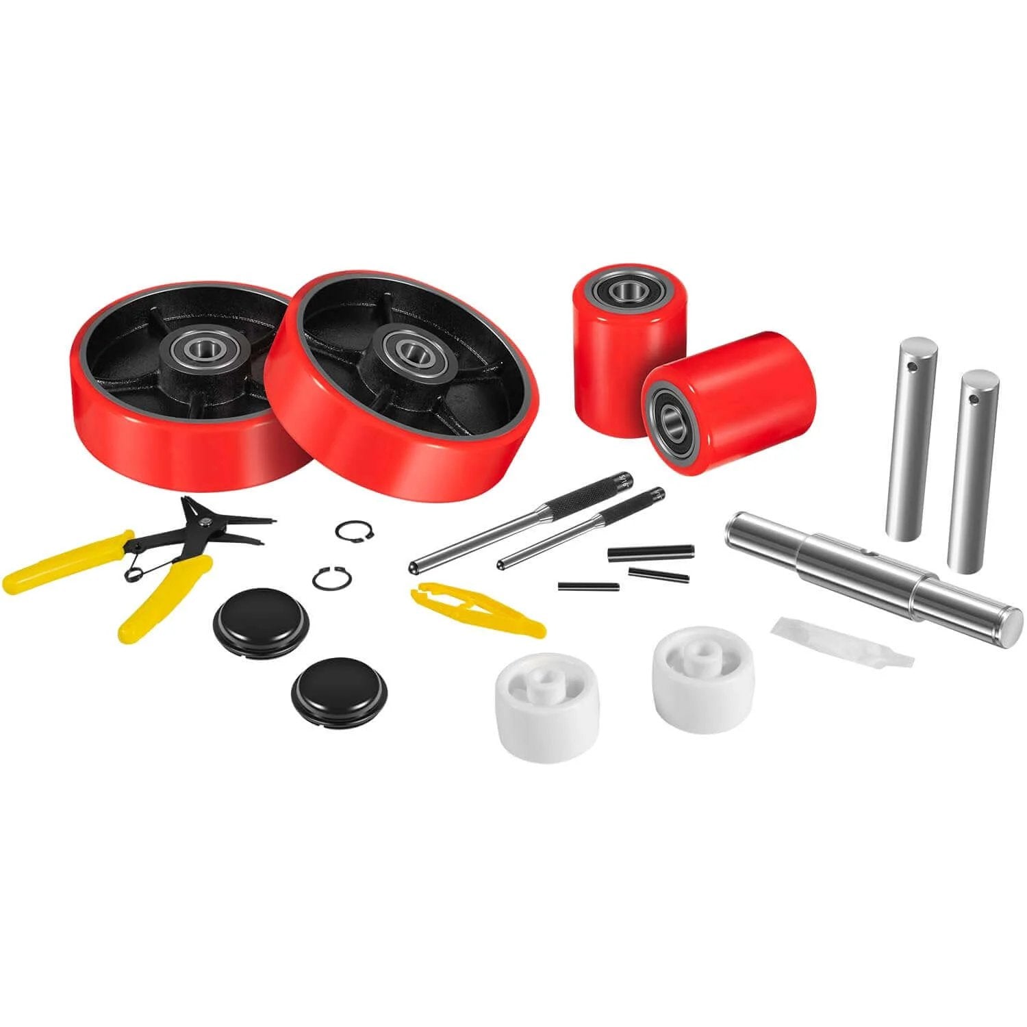 Pallet Jack Wheels Set for most manual pallet jacks, complete replacement kit with axles, red polyurethane wheels, and tools
