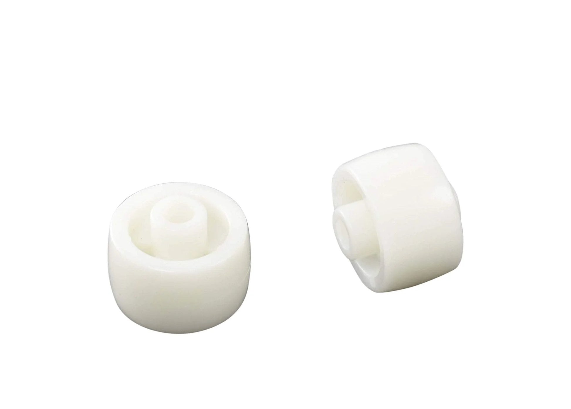 Pallet jack load wheels set 3 x 3.75 inch red polyurethane on steel, showing two white entry exit rollers with bearings.