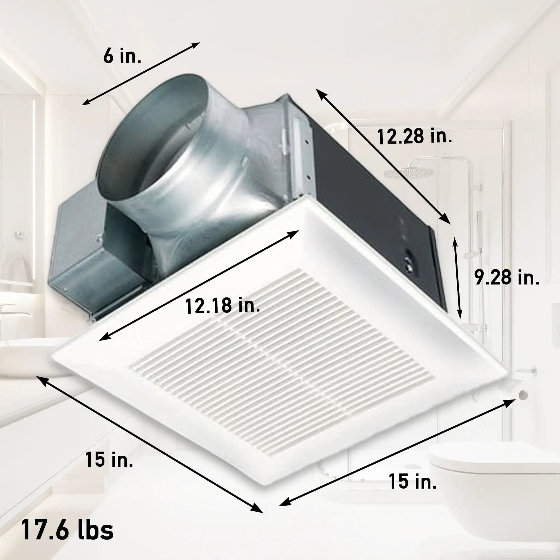 Whisper Quiet 290 CFM Ceiling Bathroom Exhaust Fan For Ultra Silent Ventilation Energy Star Certified Durable Double Tapered Wheel In Ceiling Mount Panasonic FV 30VQ3 With Installation Kit FV NLF06G shown in bathroom setting with dimensions and weight details.