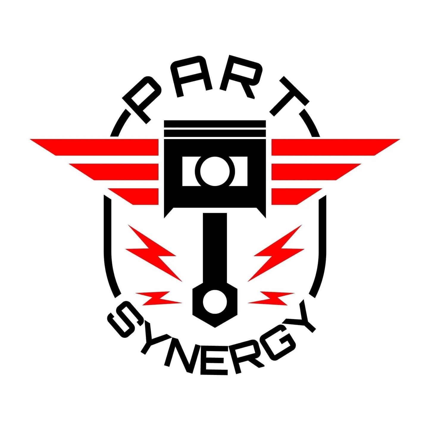 Part Synergy logo with red wings and piston illustration, emphasizing automotive parts and performance engineering.